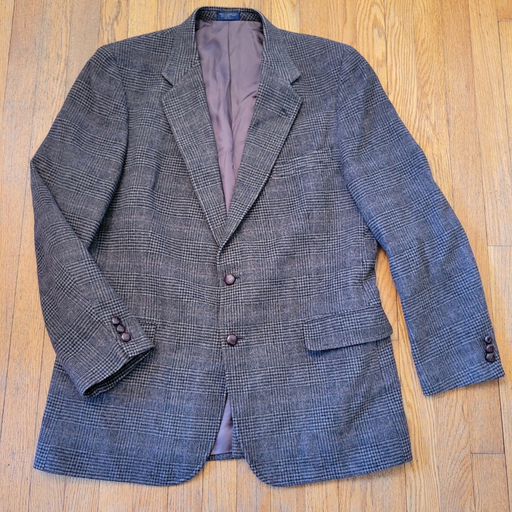 Miltons 46L Blazer Brown Plaid Camel Hair Wool Vintage Glen Check Academia